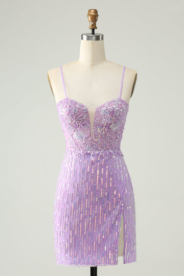 Minivestido de cóctel ajustado con lentejuelas lila brillante y abertura